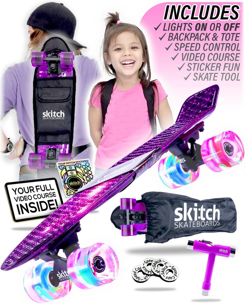 SKITCH Complete Skate Board for Kids 8-12 4-6-8-10 6-12 Year Old Beginner Girls Children Gift Set 22 Inch Penny Board Mini Cruiser Bearing Pink Skateboards Backpack Skate Tool (Purple Galaxy LED+) - Image 1